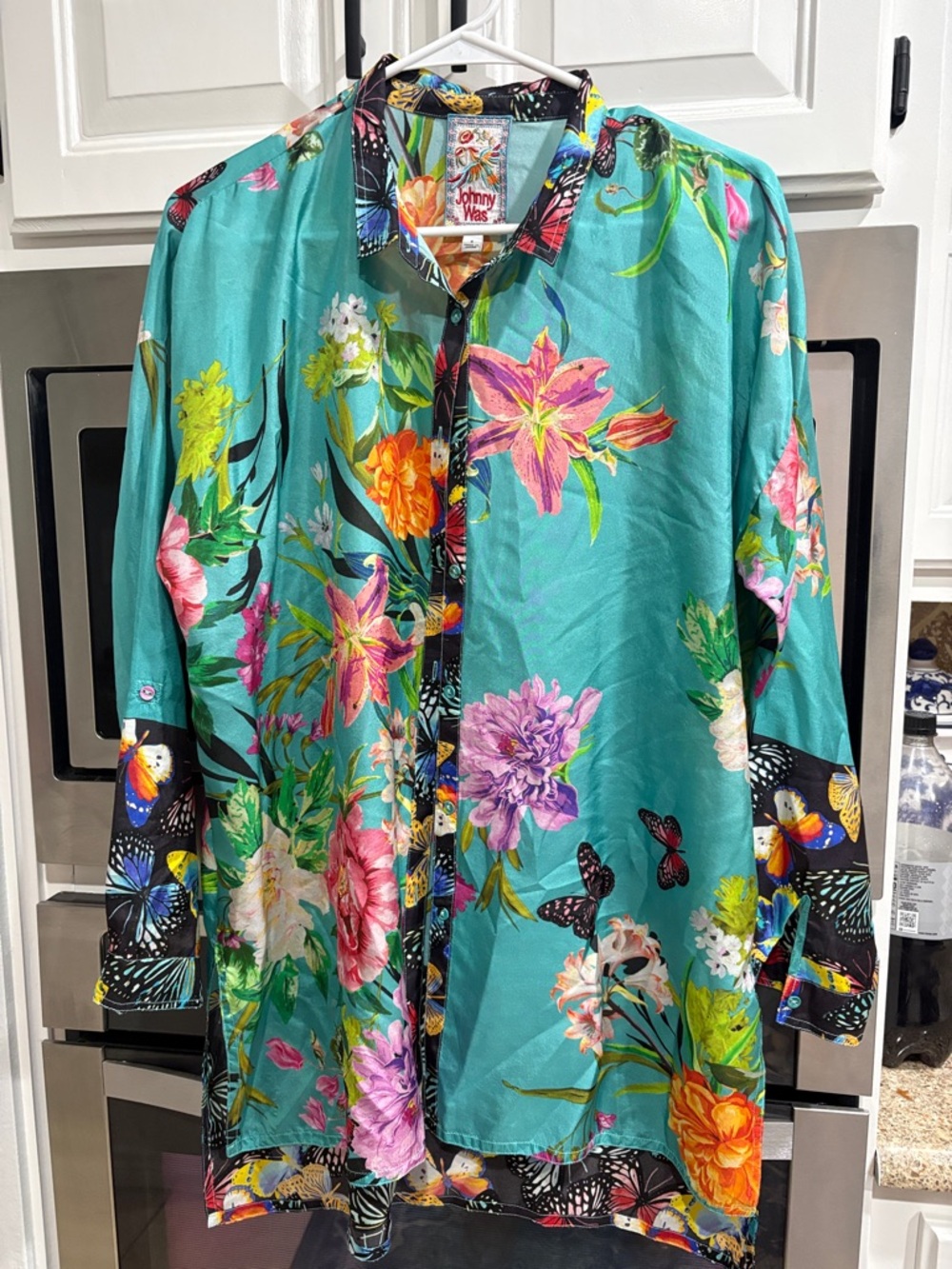 Johnny Was Teal Floral Butterfly Blouse